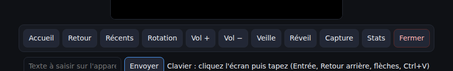 The Tactile viewer toolbar, real capture: Home, Back, Recents, Rotate, Vol +, Vol −, Power, Wake, Capture, Stats, Close, then the text field